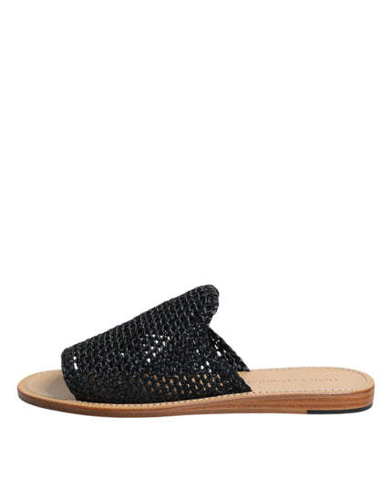 Dolce & Gabbana Black Monochrome Braided Raffia Slides Shoes