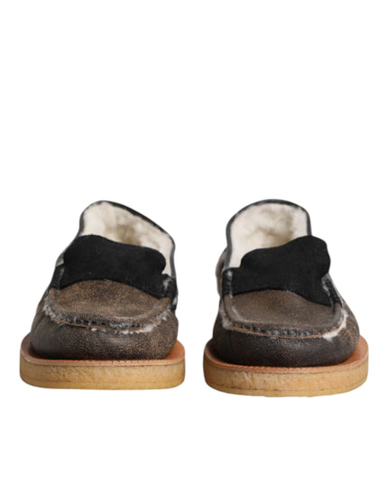 Dolce & Gabbana Brown White Calfskin Leather Loafers Shoes