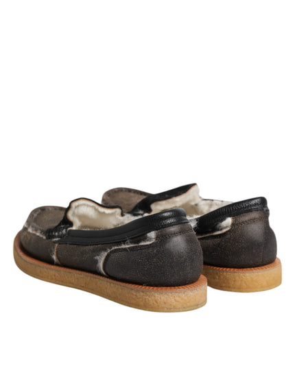 Dolce & Gabbana Brown White Calfskin Leather Loafers Shoes