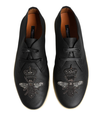 Dolce & Gabbana Black Leather Bee Crown Low Top Sneakers Shoes