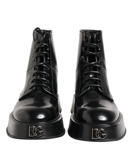 Dolce & Gabbana Black Leather Logo Ankle Boots Lace Up Shoes