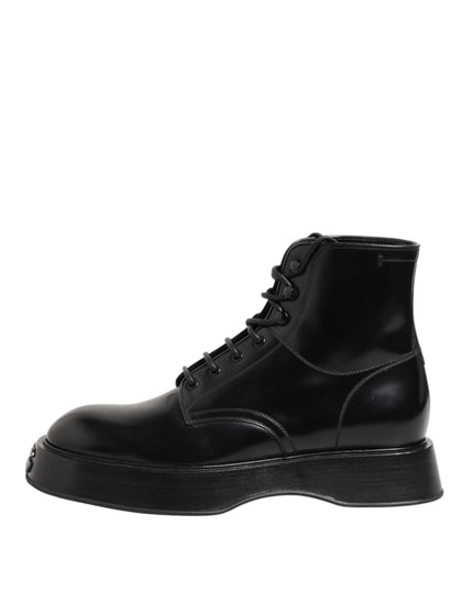Dolce & Gabbana Black Leather Logo Ankle Boots Lace Up Shoes