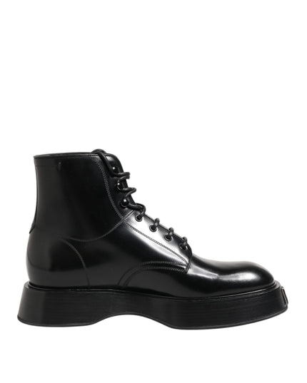 Dolce & Gabbana Black Leather Logo Ankle Boots Lace Up Shoes