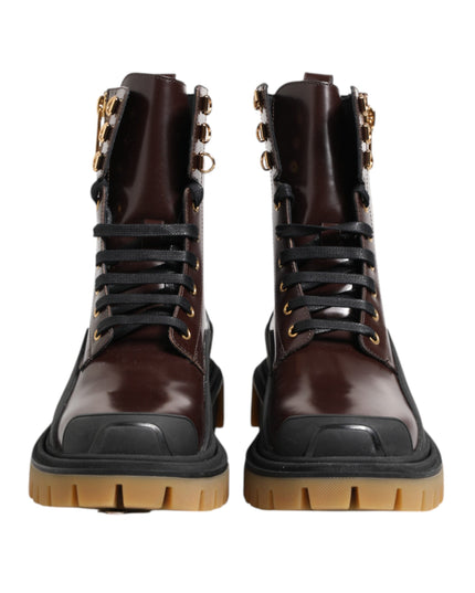 Dolce & Gabbana Brown Black Leather Boots Zipper Lace Up Shoes