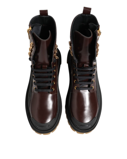 Dolce & Gabbana Brown Black Leather Boots Zipper Lace Up Shoes