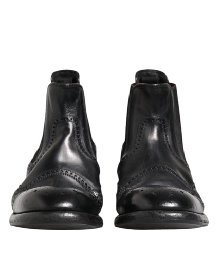 Dolce & Gabbana Black Leather Ankle Boots Slip On Shoes