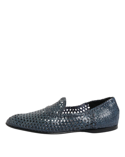 Dolce & Gabbana Blue Woven Leather Slip On Loafers Shoes