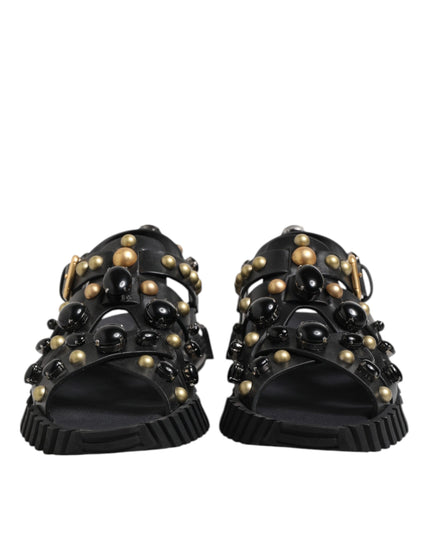 Dolce & Gabbana Black Leather Studded Ankle Strap Sandals Shoes