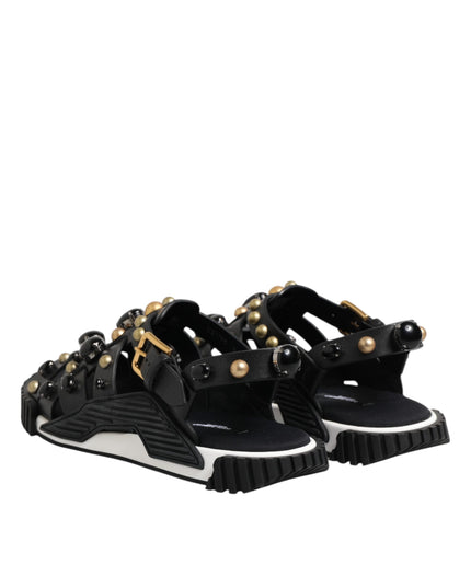 Dolce & Gabbana Black Leather Studded Ankle Strap Sandals Shoes