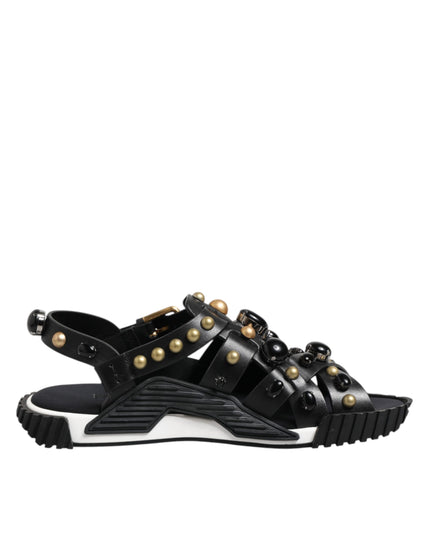 Dolce & Gabbana Black Leather Studded Ankle Strap Sandals Shoes