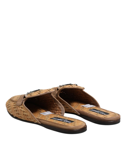 Dolce & Gabbana Beige Rattan Flat Mule Men Sandals Shoes