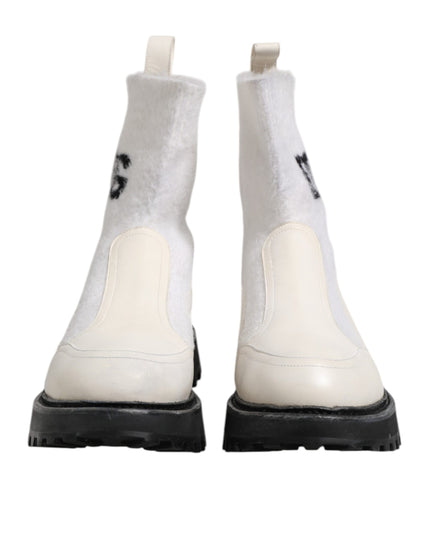 Dolce & Gabbana White Beige DG Logo Mid Calf Boots Shoes