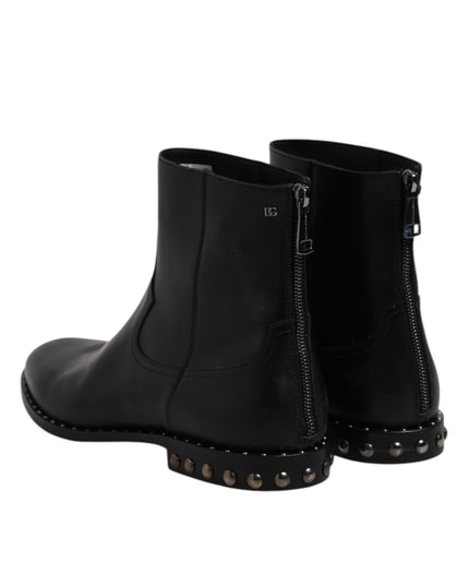 Dolce & Gabbana Black Leather Logo Ankle Boots Studded Shoes
