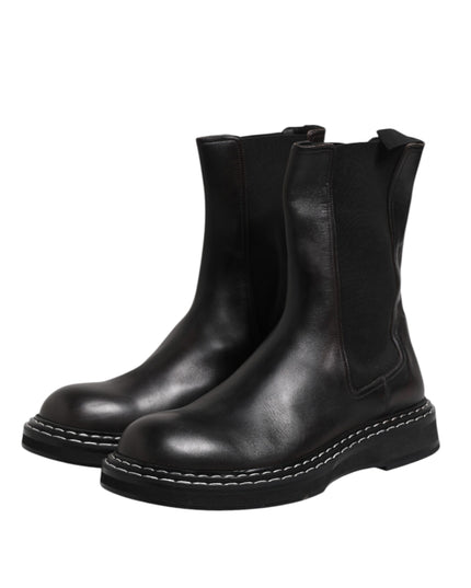 Dolce & Gabbana Black Leather Mid Calf Boots Flats Shoes