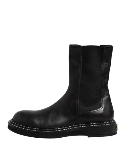 Dolce & Gabbana Black Leather Mid Calf Boots Flats Shoes