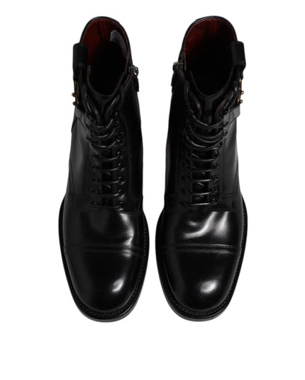 Dolce & Gabbana Black Leather Mid Calf Boots Lace Up Shoes