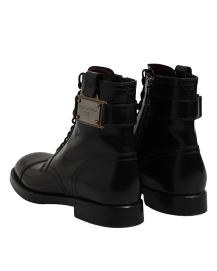 Dolce & Gabbana Black Leather Mid Calf Boots Lace Up Shoes