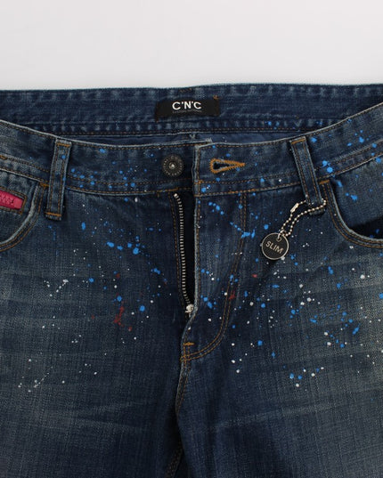 Costume National Blue Wash Paint Slim Fit Pants Jeans