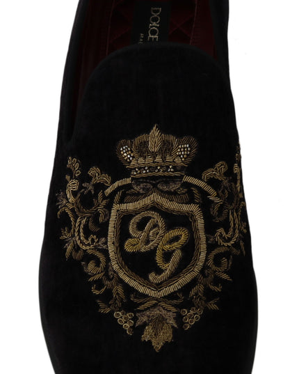Dolce & Gabbana Loafers Black Velvet Gold Crown