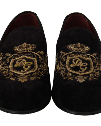 Dolce & Gabbana Loafers Black Velvet Gold Crown