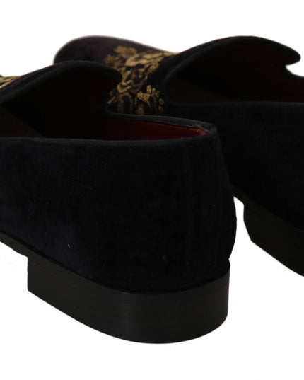Dolce & Gabbana Loafers Black Velvet Gold Crown