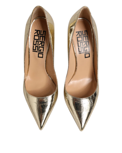 Sergio Rossi Gold Leather Pointed Toe Block Heels Shoes