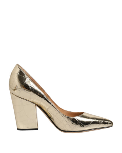 Sergio Rossi Gold Leather Pointed Toe Block Heels Shoes