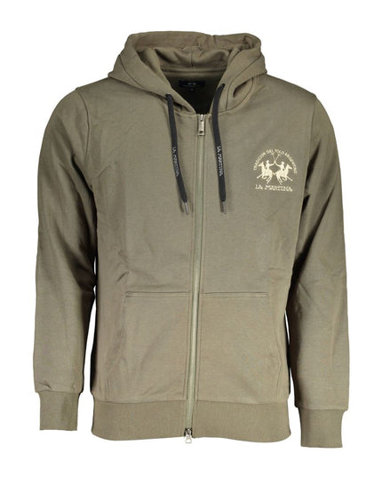 La Martina Green Cotton Men Sweater with Hood and Zip Pockets