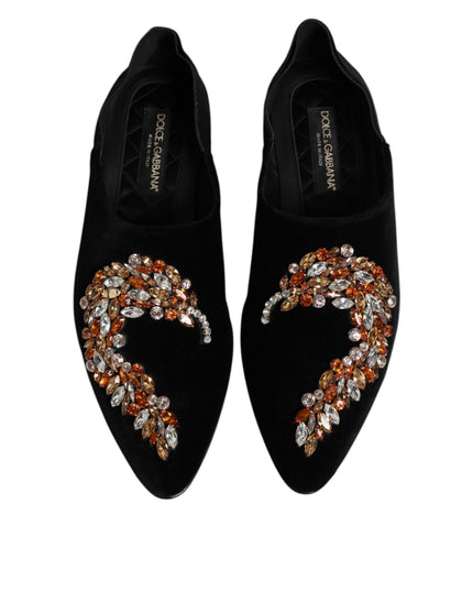 Dolce & Gabbana Black Velvet Embellished Loafer Slip On Shoes