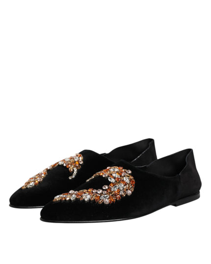Dolce & Gabbana Black Velvet Embellished Loafer Slip On Shoes