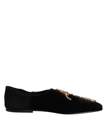 Dolce & Gabbana Black Velvet Embellished Loafer Slip On Shoes
