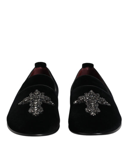 Dolce & Gabbana Black Velvet Embellished Loafer Slip On Shoes