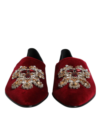 Dolce & Gabbana Black Red Velvet Embellished Slip On Shoes