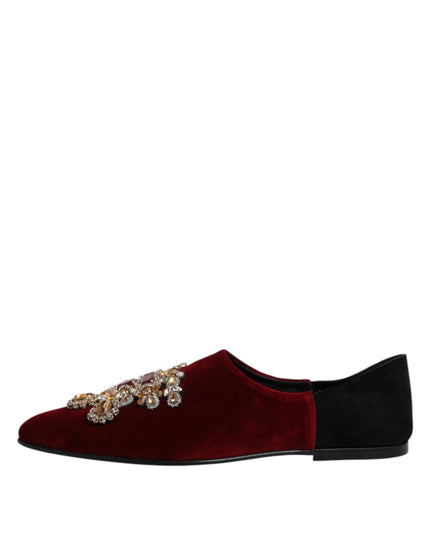 Dolce & Gabbana Black Red Velvet Embellished Slip On Shoes