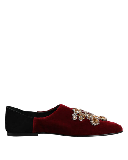 Dolce & Gabbana Black Red Velvet Embellished Slip On Shoes