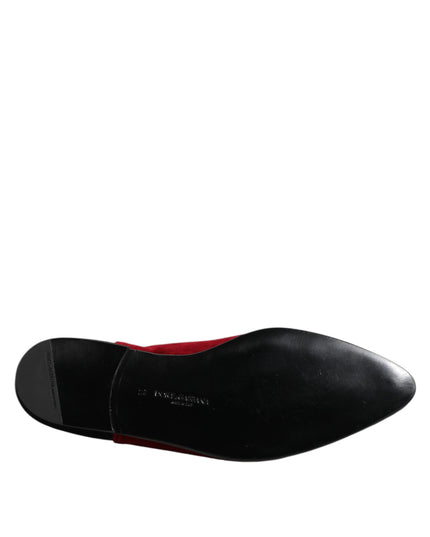 Dolce & Gabbana Black Red Velvet Embellished Slip On Shoes