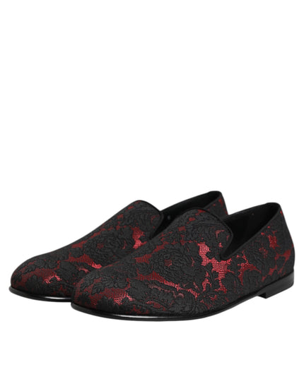 Dolce & Gabbana Red Black Jacquard Slip On Men Loafers Shoes