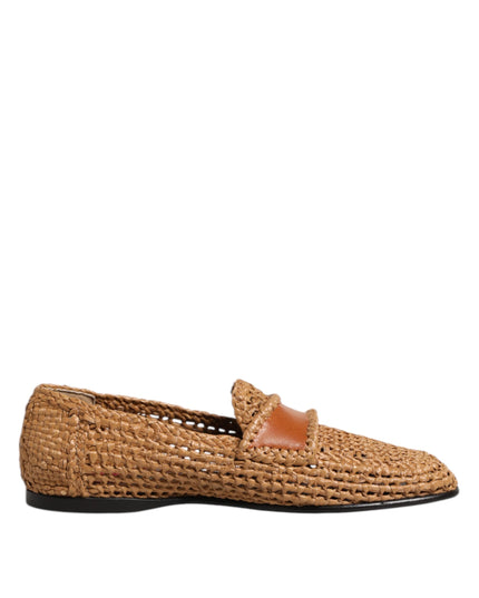 Dolce & Gabbana Brown Woven Raffia Slip On Loafers Shoes