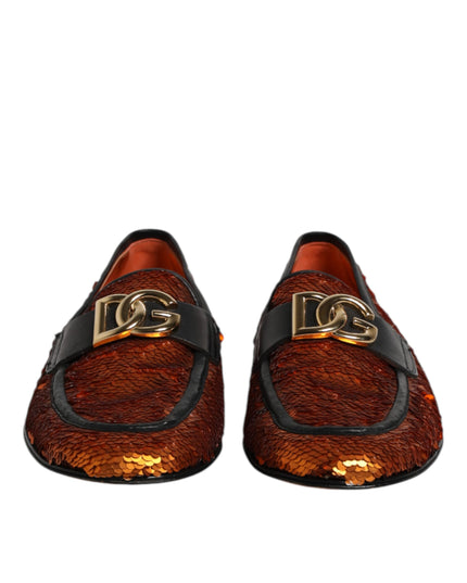 Dolce & Gabbana Orange Sequin Embellished Men Loafers Shoes