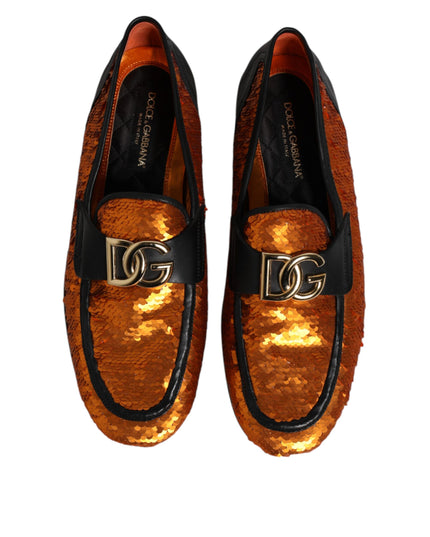 Dolce & Gabbana Orange Sequin Embellished Men Loafers Shoes