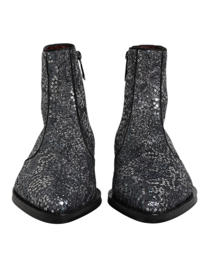 Dolce & Gabbana Dark Gray Cotton Sequined Chelsea Boots Shoes