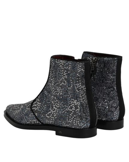 Dolce & Gabbana Dark Gray Cotton Sequined Chelsea Boots Shoes