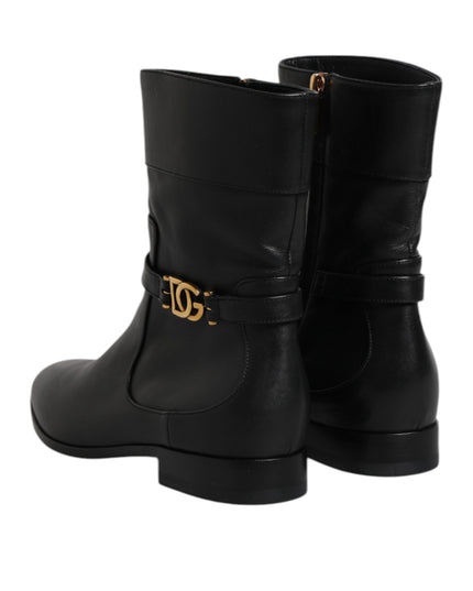 Dolce & Gabbana Black Leather Flats Logo Short Boots Shoes
