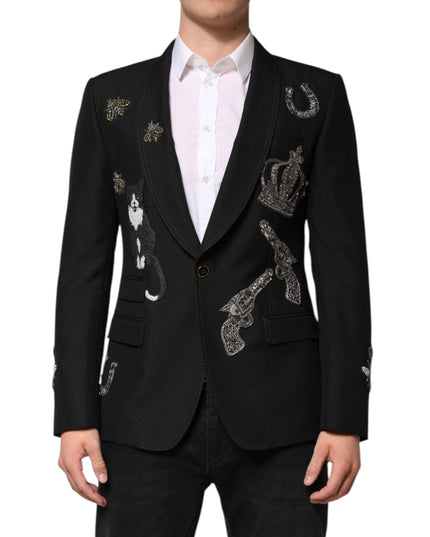 Dolce & Gabbana Black Bee Crown Embellished Suit Coat Blazer