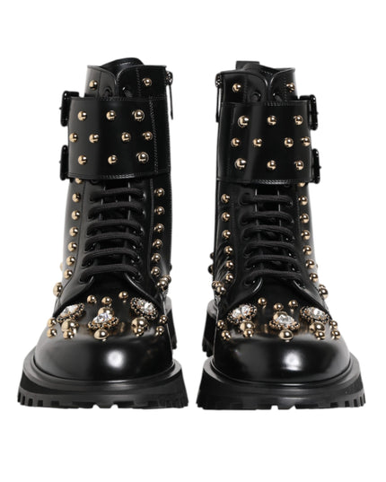 Dolce & Gabbana Black Studded Lace Up Mid Calf Boots Shoes