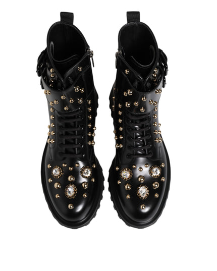 Dolce & Gabbana Black Studded Lace Up Mid Calf Boots Shoes