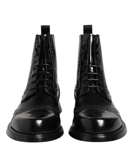 Dolce & Gabbana Black Leather Lace Up Mid Calf Boots Shoes