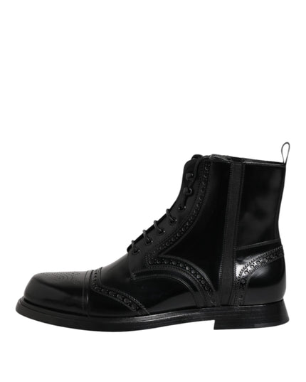 Dolce & Gabbana Black Leather Lace Up Mid Calf Boots Shoes