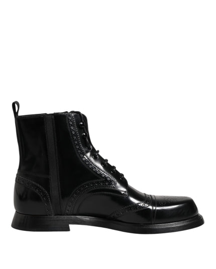 Dolce & Gabbana Black Leather Lace Up Mid Calf Boots Shoes