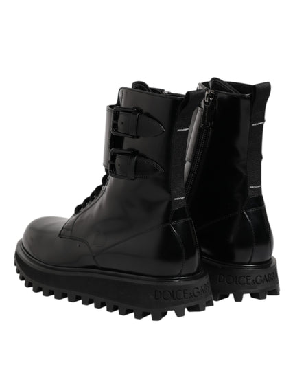 Dolce & Gabbana Black Leather Lace Up Mid Calf Boots Shoes